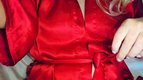 Sensual tease in Red silk Robe