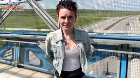 Amateur couple shares risky roadside romp on pedestrian bridge