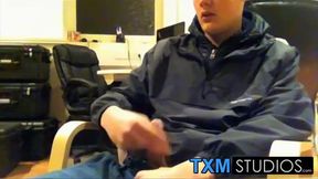 Tyler squirting a load in front of the camera in the office