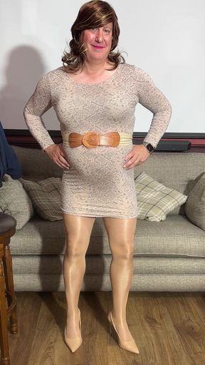 crossdresser sissy wanking with her magic wand wearing shiny tan Tights