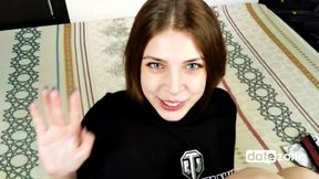 Pretty amateur girl doing footjob and eating my fresh cum
