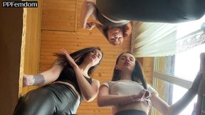 three young mistresses humiliate you - group pov femdom spitting and butt drops