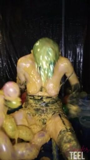 Naughty Jennifer plays with balloon covered in thick gunge