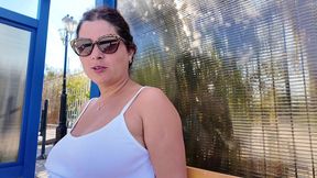 cheating stepmom. stepson fucked stepmom in mouth at a bus stop