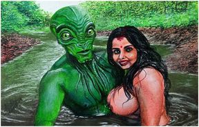 Erotic Art Or Drawing Of Sexy Indian Desi Bhabhi in Love With an Extraterrestrial Alien