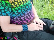 Hot gay emo jerking off in a car wearing a cock band around his big balls and precumming