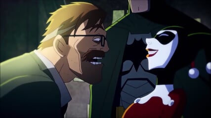 dc HARLEY QUINN ballbusting GORDON next to BATMAN, rough kick in the balls