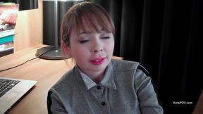 Fully clothed Cherry English takes a big mouthfull of cum and swallows the lot