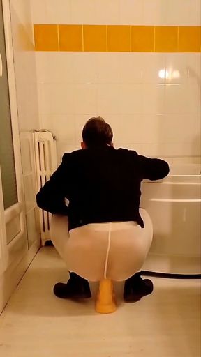 Dildo Riding in the Bathroom Wearing an Open White Pantyhose