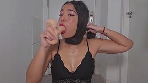 Stupid slut fucking her throat and tight pussy with a dildo
