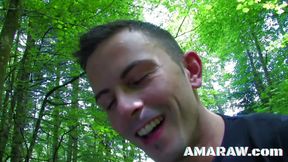 Brunette Shannaya Tweeks getting facialized in the woods