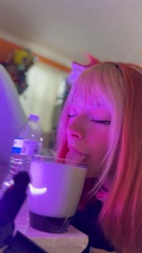 Puppygirl Peach licks up her milkies