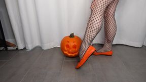 Calf Muscle flex in fishnets-Halloween theme orange ballet flats