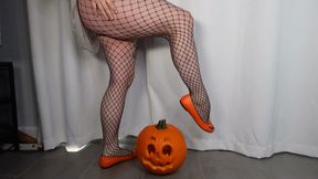 Calf Muscle flex in fishnets-Halloween theme orange ballet flats