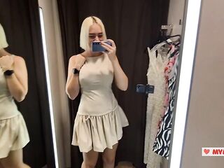Try On Haul Transparent Garments in the Fitting room. Golden-haired seduces in a mall