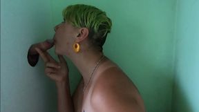Cock sucking through gloryhole and swallow