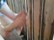 Jerking off in a public stable, cumshot on the wall