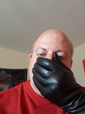 Horny leather gloves cum