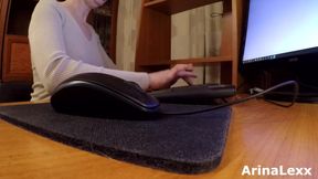 office worker secretly watches porn and caresses nipples and pussy while colleagues are working