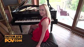 Small tits blonde in stockings gets fuck on paino chair