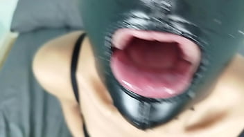 Petty BDSM slut sucking cock deepthroat slapping and spitting her face with slave leather mask