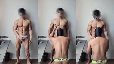 Asian muscle handsome fuck young man bareback in bathroom