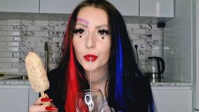 It&#039;s hot today, I need to feed you spit with ice cream. Food fetish, spit fetish