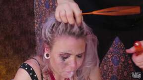 ”Slobbering sub eats cum after rough face fuck”