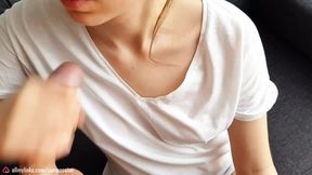 Hot cumshot on her shirt! Cum on clothes handjob! POV!