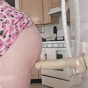 Horny mature MILF rides BWC dildo in kitchen