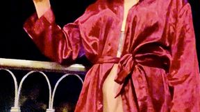 Midnight Balcony Seduction - Bordó Silk Robe Smoking & Disco Background