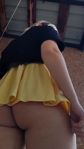 Under skirt view - I Lift My mini Skirt to Show My Bare Pussy in a Public   Clip 1