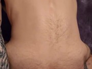 Hairy tattooed stud borrowing his roommate cum covered giant dildo.