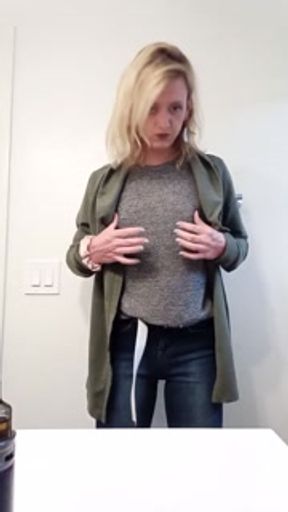 Blond trans girl plays with toy and cums on counter