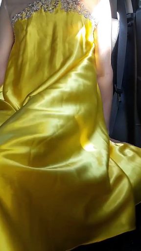Sexy Crossdresser Masturbating Wearing Yellow Satin Shiny Dress