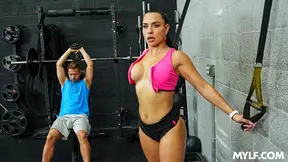 Hot gym milf teases younger guy until he bends her over and fucks her hard