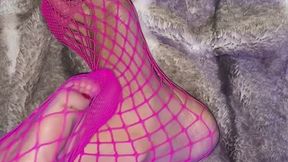 Melove sexy feet with red nail polish in pink fishnet