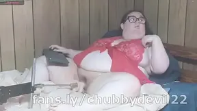 Busty BBW rides fuck machine deep on her bed