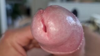 Close-up uncut cock cumming: playing with crown, foreskin and pubic hair