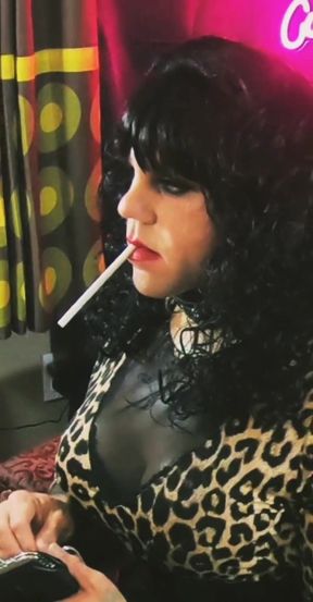 Crossdresser Cassandra Strokes Cock and Smokes Virginia Slim 120 While Wife Watches