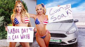 Two Girls at the Car Wash Flirt and Fondle