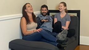 Tattooed guy loses strip game and gets double blowjob from two hot babes