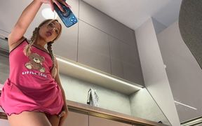 Hot Beautiful Cute and Horny French Blonde Flashes Her Tight Shaved Pussy and Naked Ass Under Her Satin Nightie