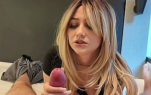 POV HJ - gorgeous blond dirty talk, giggling, perfect edging handjob. oops cumshot