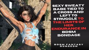 Cute muscled raven haired gym babe hanging defeated tied to a cross in BDSM Bondage for not shaving her sweaty hairy armpits so you can watch her fit toned body struggle