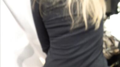 Leather clad blondie takes a public cum walk in the shopping center