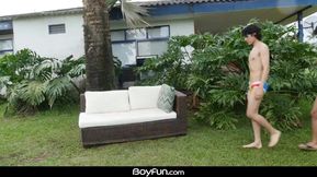 Twink's bareback poolside threesome ruined by hot young cum