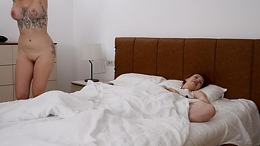 Step Mom and Step Sister Share Bed with Step Son in Wild Hotel Fuck