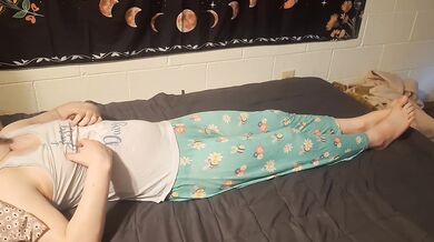 cute trans girl rubs her tits and cock to orgasm