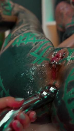 Hot Pornstars Tattooed Lesbian Oil Slick Shared Metal Toy   Clip 1
